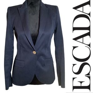 ESCADA NAVY BLUE & WHITE STRIPE ONE BUTTON FRONT COTTON JACKET/BLAZER SIZE 34